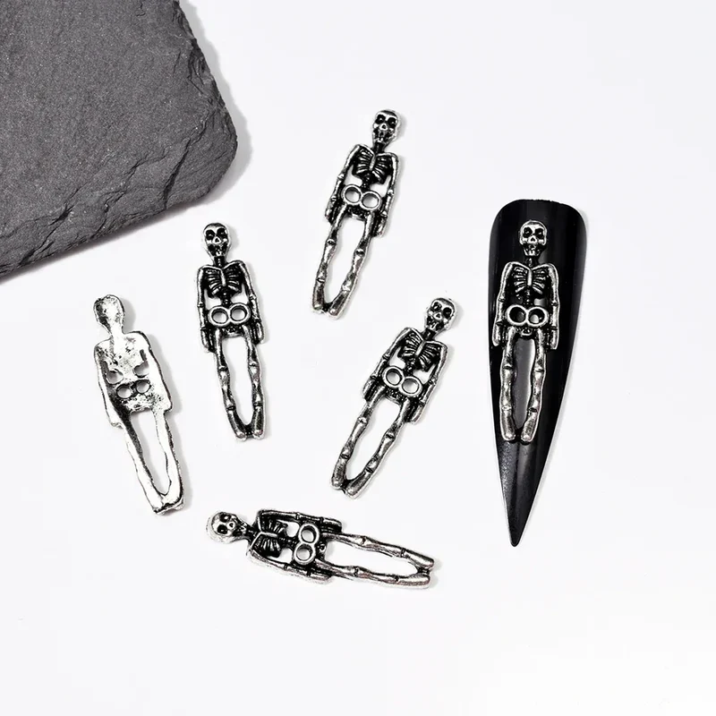 10pcs/Bag Spooky Metal Bone Skeleton Nail Charms Halloween Designs Decoration Nail DIY Accessories Skull Halloween Cross Decor