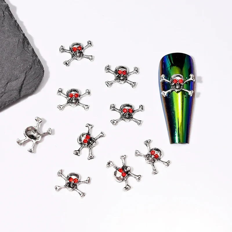 10pcs/Bag Spooky Metal Bone Skeleton Nail Charms Halloween Designs Decoration Nail DIY Accessories Skull Halloween Cross Decor