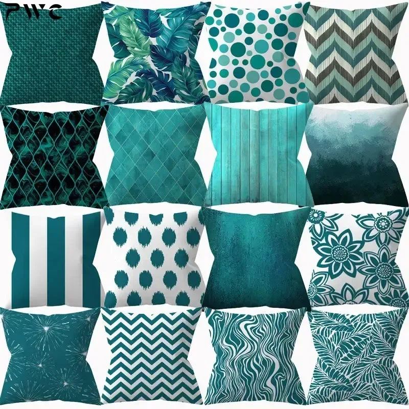 Teal Blue Cushion Cover Decorative Sofa Cushions Polyester Geometric Pillow Covers 45x45 Throw Pillows Single Side Pillowcases