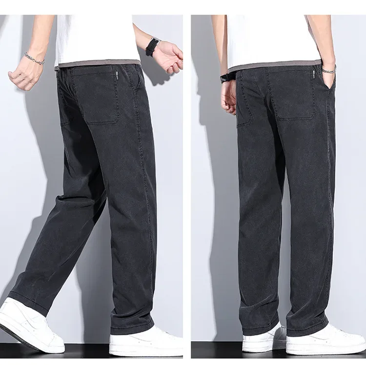 2024 Summer Jeans for Men Thin Soft Lyocell Fabric Loose Straight Wide Leg Pants Elastic Waist Casual Trousers Plus Size M-5XL