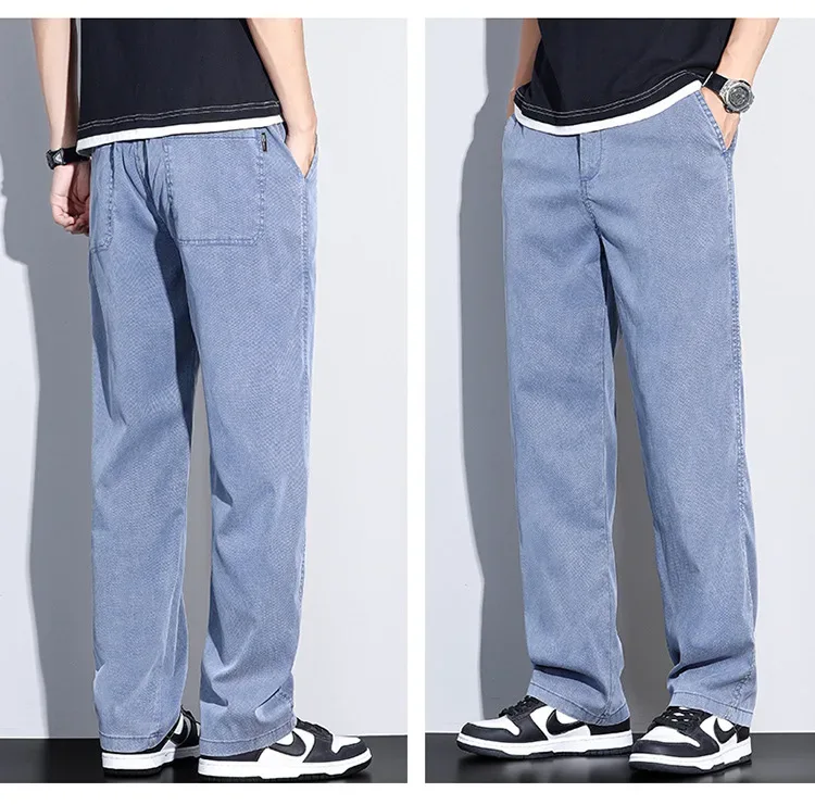 2024 Summer Jeans for Men Thin Soft Lyocell Fabric Loose Straight Wide Leg Pants Elastic Waist Casual Trousers Plus Size M-5XL