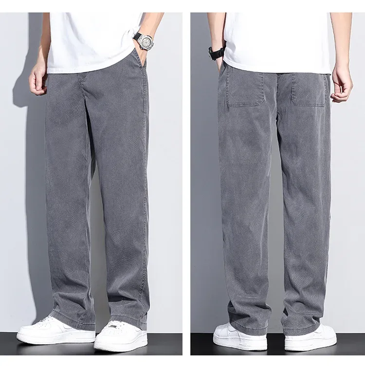 2024 Summer Jeans for Men Thin Soft Lyocell Fabric Loose Straight Wide Leg Pants Elastic Waist Casual Trousers Plus Size M-5XL