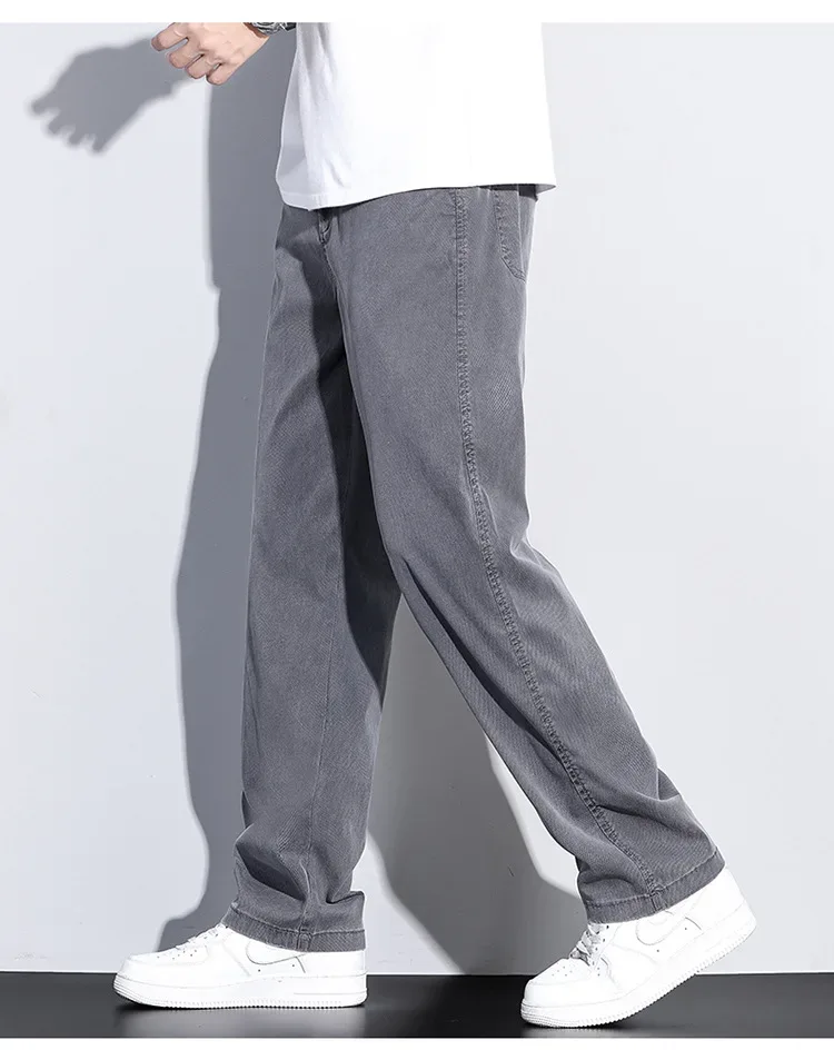 2024 Summer Jeans for Men Thin Soft Lyocell Fabric Loose Straight Wide Leg Pants Elastic Waist Casual Trousers Plus Size M-5XL