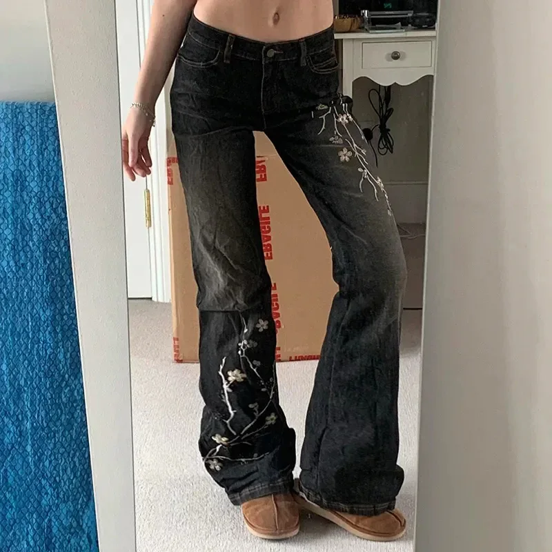 Floral Embroidery Jeans Women Y2K Streetwear Baggy Denim Pants Vintage 2000S Low Rise Flared Jeans Female High Street Trousers