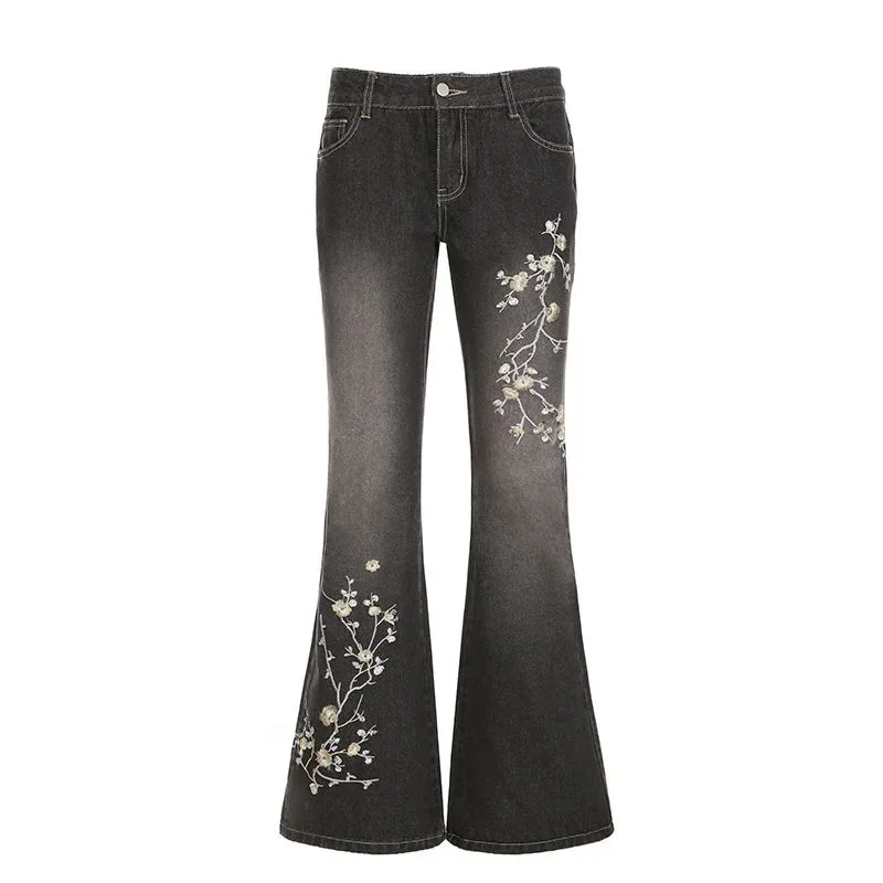 Floral Embroidery Jeans Women Y2K Streetwear Baggy Denim Pants Vintage 2000S Low Rise Flared Jeans Female High Street Trousers