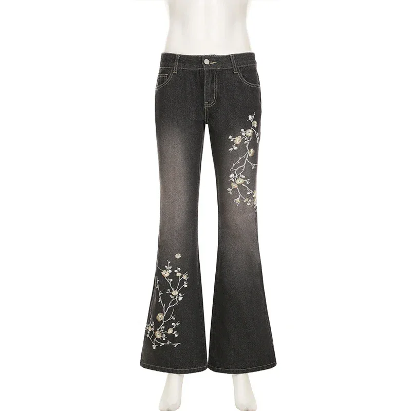 Floral Embroidery Jeans Women Y2K Streetwear Baggy Denim Pants Vintage 2000S Low Rise Flared Jeans Female High Street Trousers
