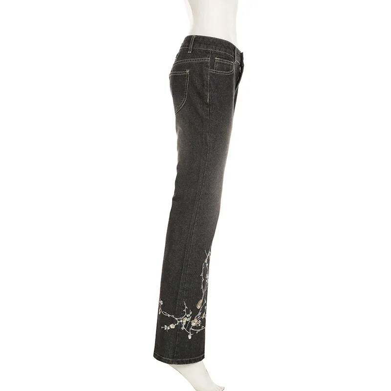 Floral Embroidery Jeans Women Y2K Streetwear Baggy Denim Pants Vintage 2000S Low Rise Flared Jeans Female High Street Trousers