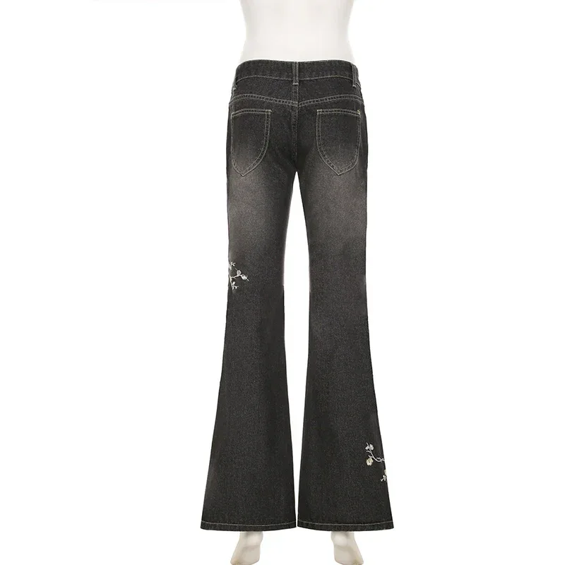 Floral Embroidery Jeans Women Y2K Streetwear Baggy Denim Pants Vintage 2000S Low Rise Flared Jeans Female High Street Trousers