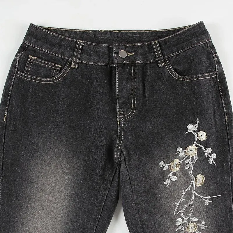 Floral Embroidery Jeans Women Y2K Streetwear Baggy Denim Pants Vintage 2000S Low Rise Flared Jeans Female High Street Trousers
