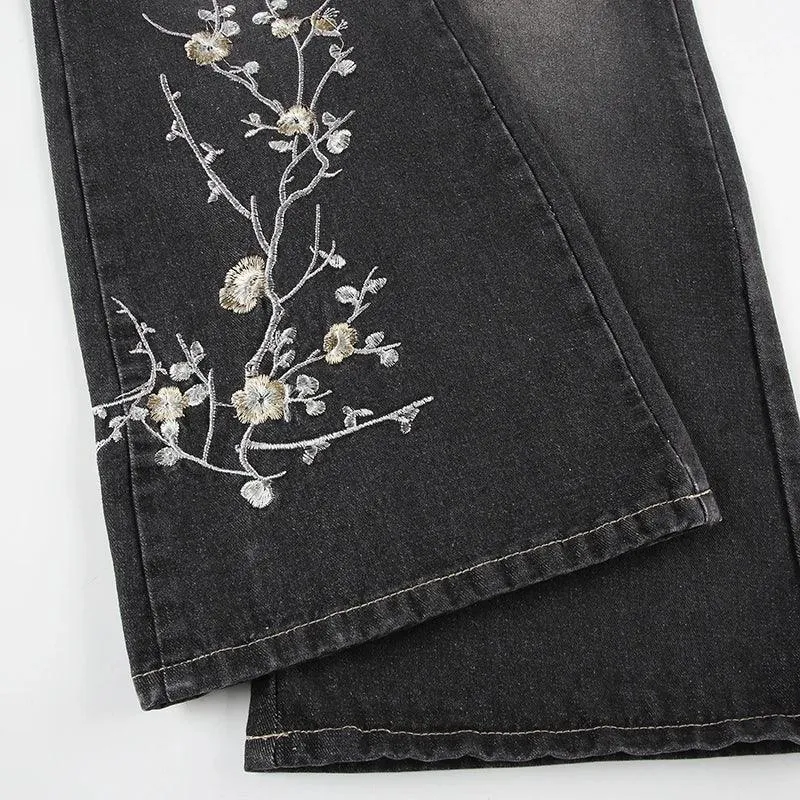 Floral Embroidery Jeans Women Y2K Streetwear Baggy Denim Pants Vintage 2000S Low Rise Flared Jeans Female High Street Trousers