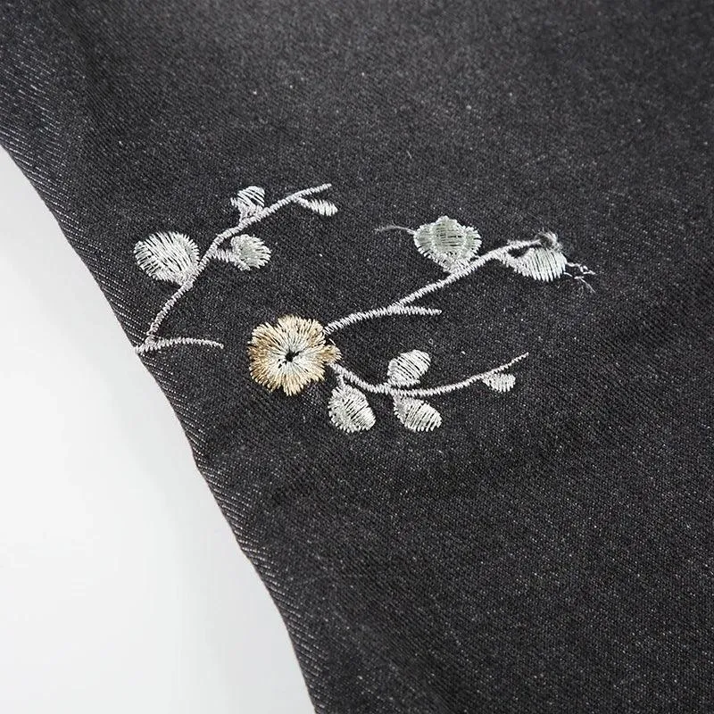 Floral Embroidery Jeans Women Y2K Streetwear Baggy Denim Pants Vintage 2000S Low Rise Flared Jeans Female High Street Trousers