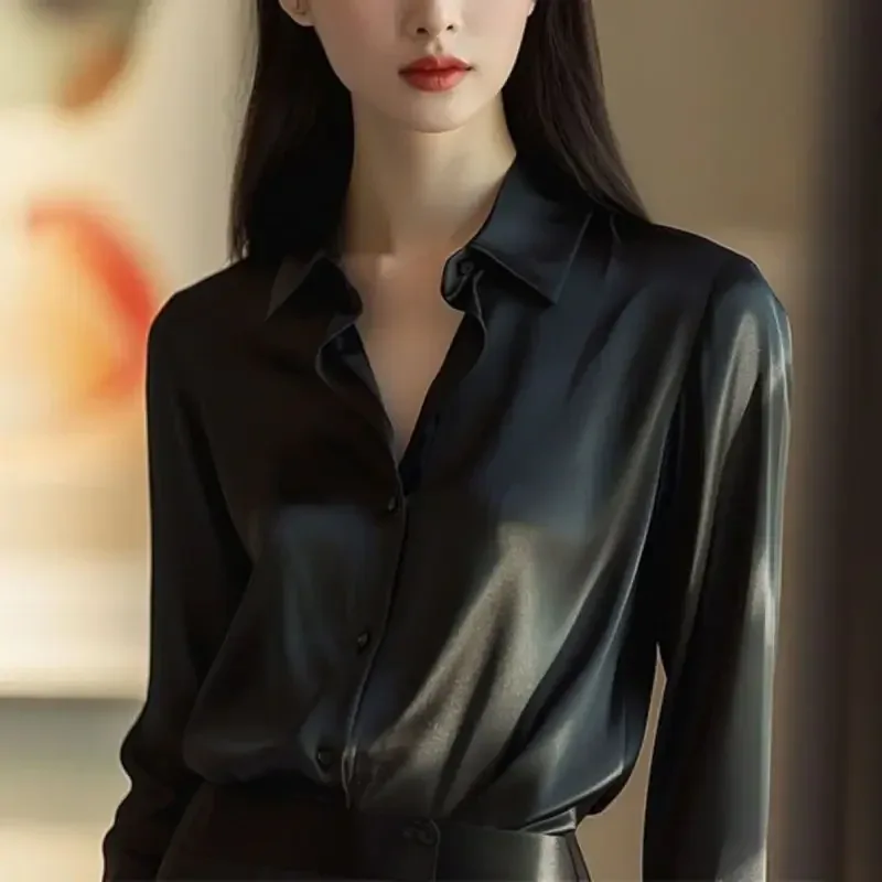 Spring Autumn Women's Solid Polo-Neck Blouses Button Up Elegant Loose Long Sleeve Clothes Office Ladies French Black Shirt Tops