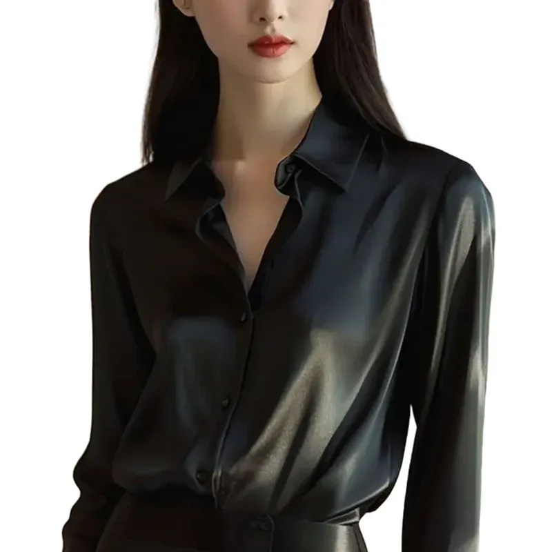 Spring Autumn Women's Solid Polo-Neck Blouses Button Up Elegant Loose Long Sleeve Clothes Office Ladies French Black Shirt Tops