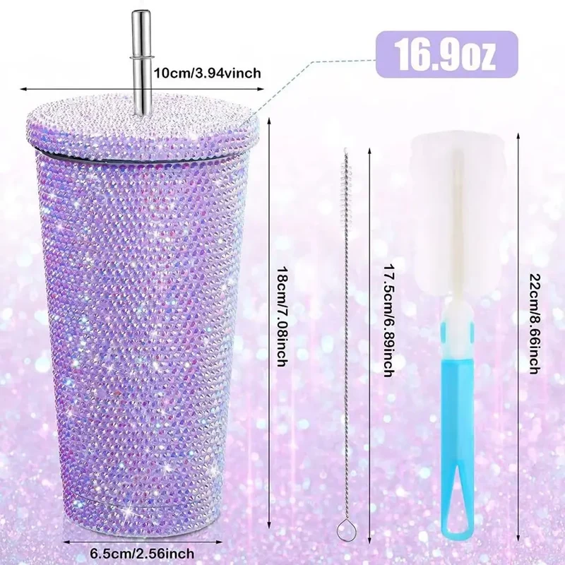500ml/750ml Rhinestone Thermos Bottles Insulated Shining Glitter Coffee Cup Reusable Creative Stainless Steel Water Bottle Girl
