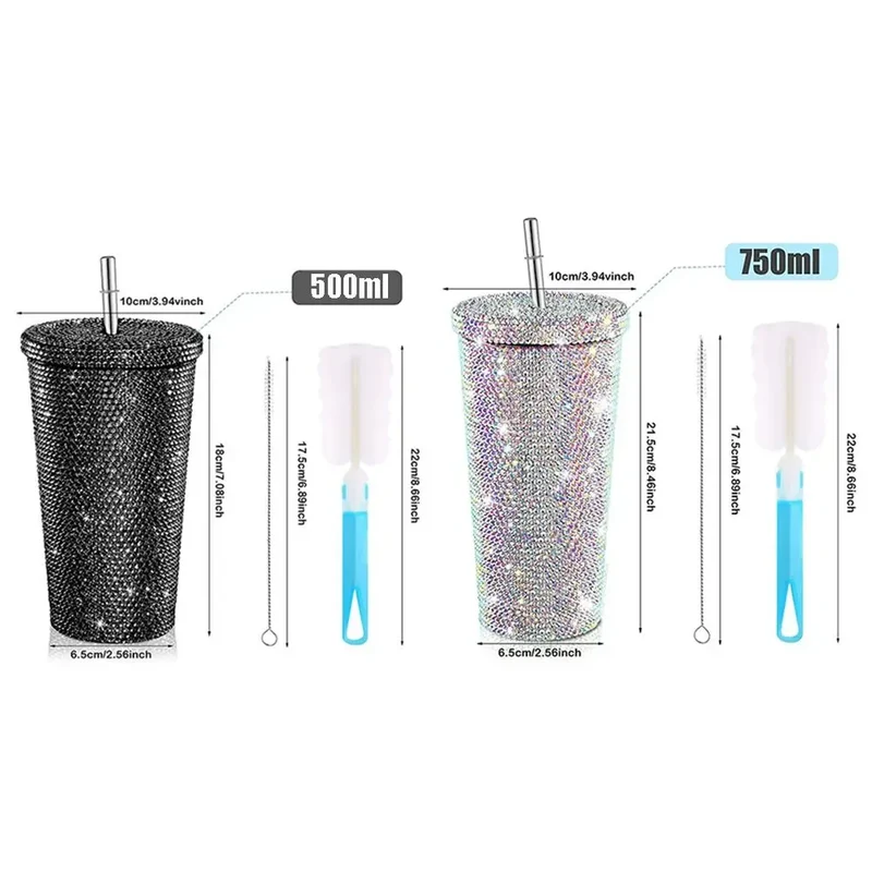 500ml/750ml Rhinestone Thermos Bottles Insulated Shining Glitter Coffee Cup Reusable Creative Stainless Steel Water Bottle Girl