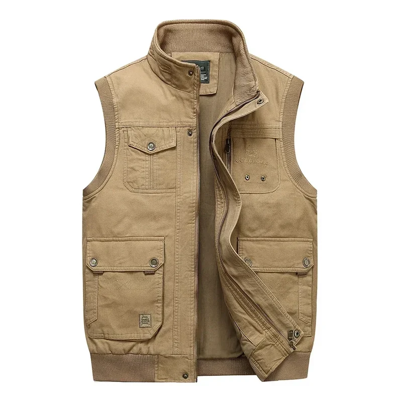 Men Multi Pockets Cotton Vests Big Size XL-5XL Male Sleeveless Jackets Spring Autumn Fishing Vests Photography Collar Waistcoats