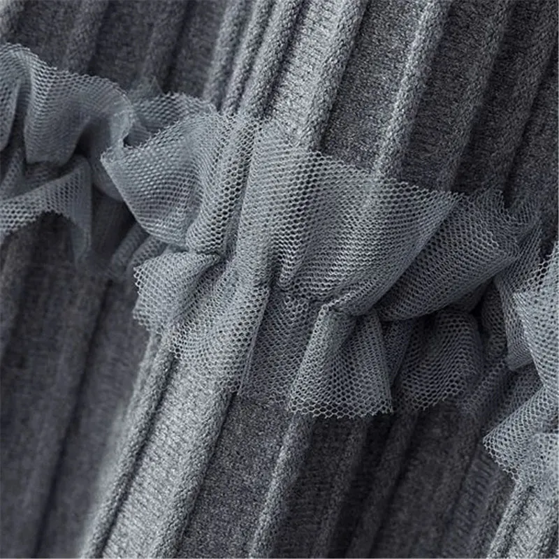 Lace Ruffle Mesh Patchwork Knitted Midi Pleated Skirt Women 2024 Autumn Winter High Waist Umbrella Solid Skirt A-Line Long Skirt