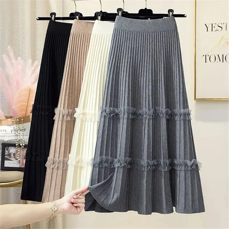 Lace Ruffle Mesh Patchwork Knitted Midi Pleated Skirt Women 2024 Autumn Winter High Waist Umbrella Solid Skirt A-Line Long Skirt