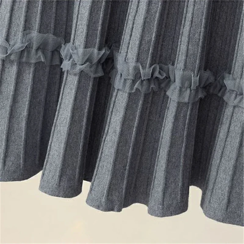 Lace Ruffle Mesh Patchwork Knitted Midi Pleated Skirt Women 2024 Autumn Winter High Waist Umbrella Solid Skirt A-Line Long Skirt