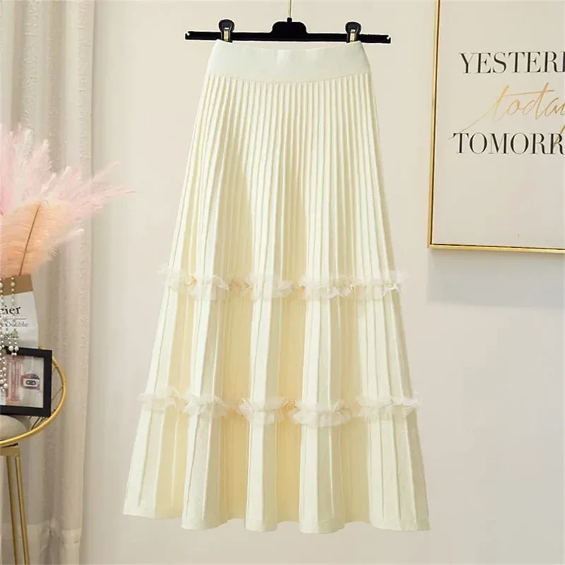 Lace Ruffle Mesh Patchwork Knitted Midi Pleated Skirt Women 2024 Autumn Winter High Waist Umbrella Solid Skirt A-Line Long Skirt