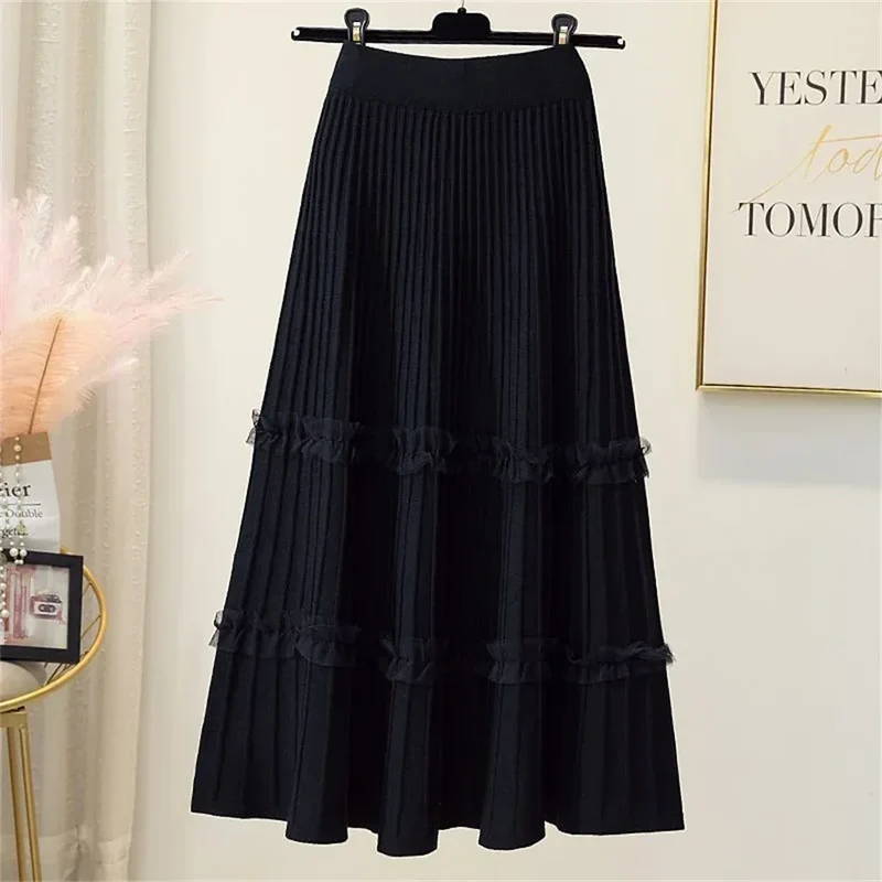 Lace Ruffle Mesh Patchwork Knitted Midi Pleated Skirt Women 2024 Autumn Winter High Waist Umbrella Solid Skirt A-Line Long Skirt
