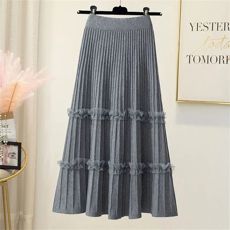 Lace Ruffle Mesh Patchwork Knitted Midi Pleated Skirt Women 2024 Autumn Winter High Waist Umbrella Solid Skirt A-Line Long Skirt