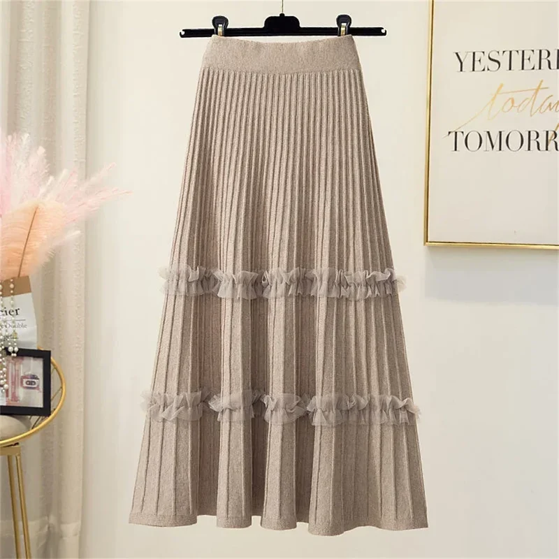 Lace Ruffle Mesh Patchwork Knitted Midi Pleated Skirt Women 2024 Autumn Winter High Waist Umbrella Solid Skirt A-Line Long Skirt