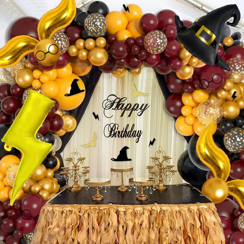 Magical Wizard School Balloons Garland Arch Kit Burgundy Black Gold Snitch Wizard Hat for Halloween Magic Themed Birthday Party