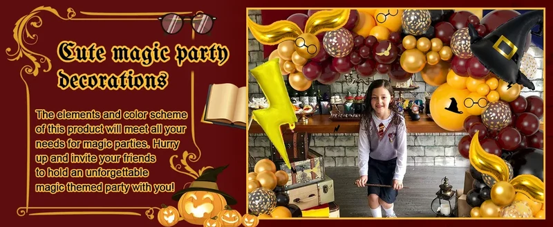 Magical Wizard School Balloons Garland Arch Kit Burgundy Black Gold Snitch Wizard Hat for Halloween Magic Themed Birthday Party