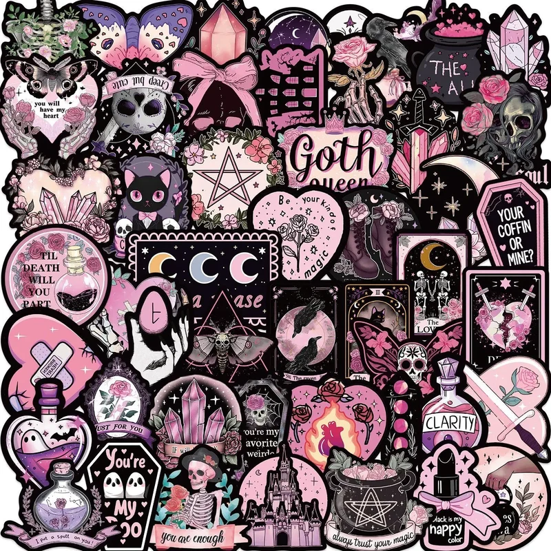 10/50pcs Cool Dark Pink Gothic Skull Graffiti Stickers Halloween Tarot Goth Decals DIY Scrapbook Luggage Waterproof PVC Sticker