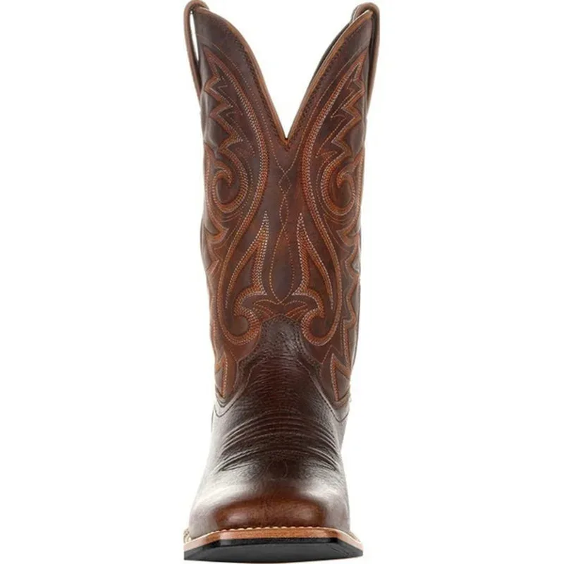Men Boots Mid Calf Western Cowboy Motorcycle Boots Male Autumn Outdoor PU Leather Totem Med-Calf Boots Retro Designed Men Shoes
