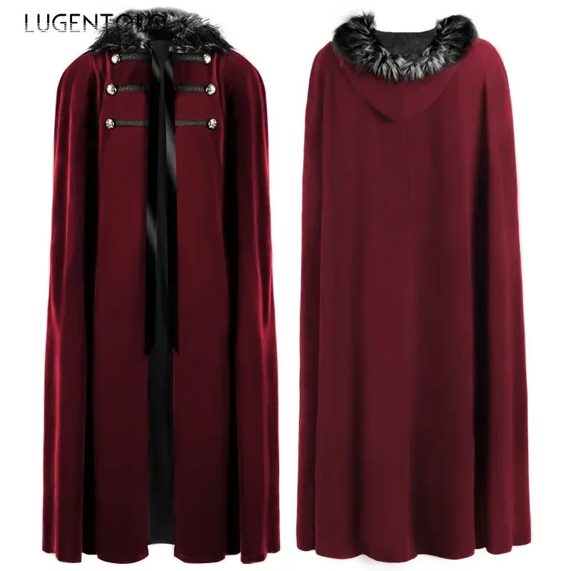 Men Punk Vintage Cape Casual Cloak Halloween Fur Collar Hooded Trench Medieval Costume Renaissance Party Autumn Winter Long Coat