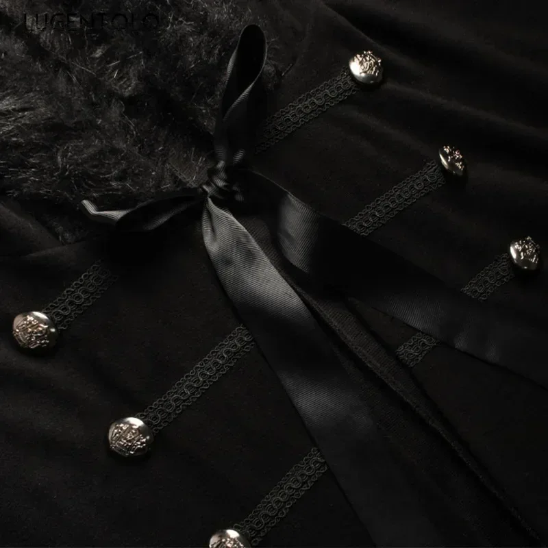 Men Punk Vintage Cape Casual Cloak Halloween Fur Collar Hooded Trench Medieval Costume Renaissance Party Autumn Winter Long Coat