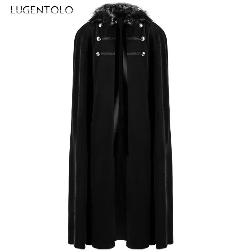 Men Punk Vintage Cape Casual Cloak Halloween Fur Collar Hooded Trench Medieval Costume Renaissance Party Autumn Winter Long Coat