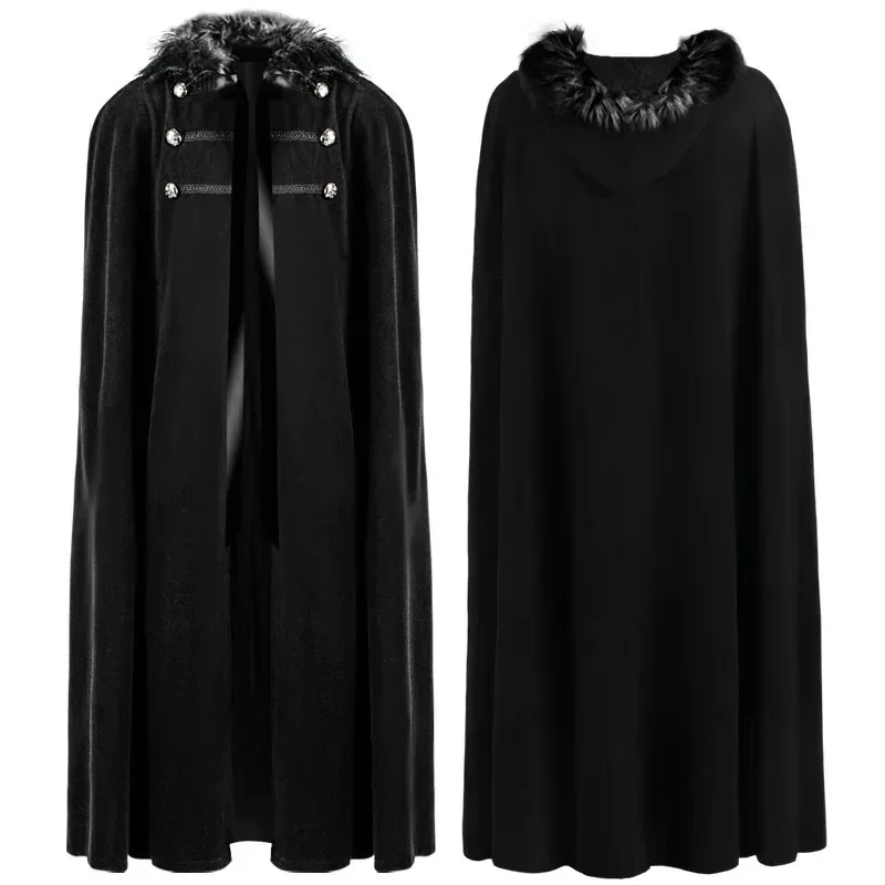 Men Punk Vintage Cape Casual Cloak Halloween Fur Collar Hooded Trench Medieval Costume Renaissance Party Autumn Winter Long Coat