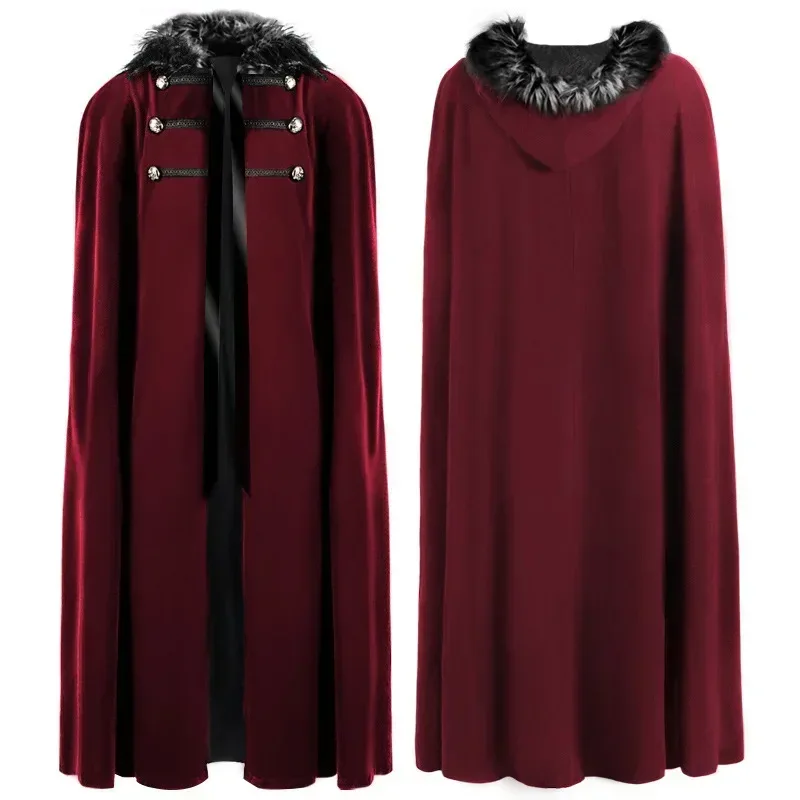 Men Punk Vintage Cape Casual Cloak Halloween Fur Collar Hooded Trench Medieval Costume Renaissance Party Autumn Winter Long Coat