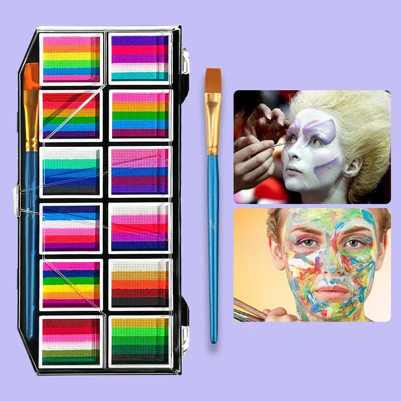 12 Grids Face Body Paint Palette Makeup,Rainbow Split Cake Palette,Water-based Non-Toxic Face Paint For Halloween Festivel Party