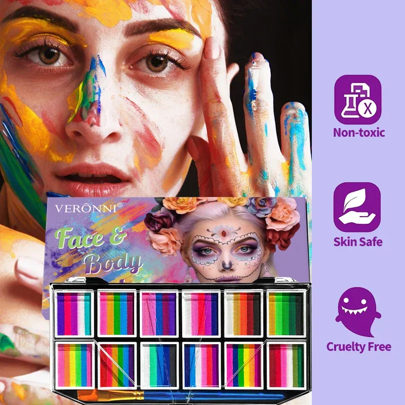 12 Grids Face Body Paint Palette Makeup,Rainbow Split Cake Palette,Water-based Non-Toxic Face Paint For Halloween Festivel Party
