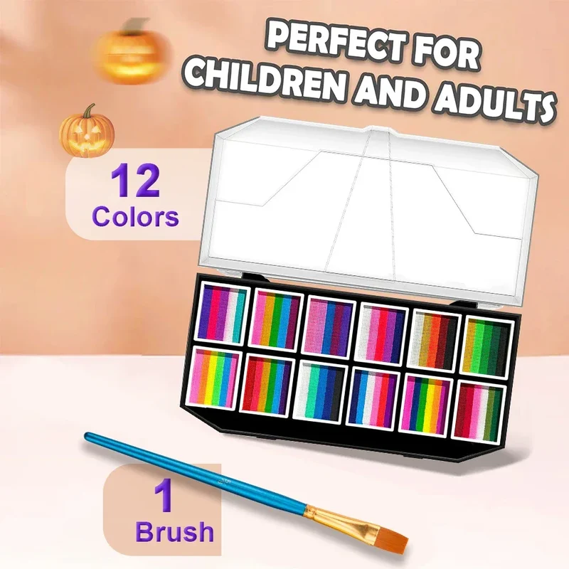 12 Grids Face Body Paint Palette Makeup,Rainbow Split Cake Palette,Water-based Non-Toxic Face Paint For Halloween Festivel Party
