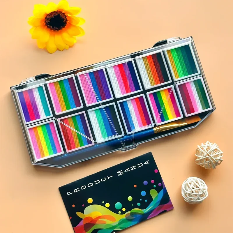 12 Grids Face Body Paint Palette Makeup,Rainbow Split Cake Palette,Water-based Non-Toxic Face Paint For Halloween Festivel Party