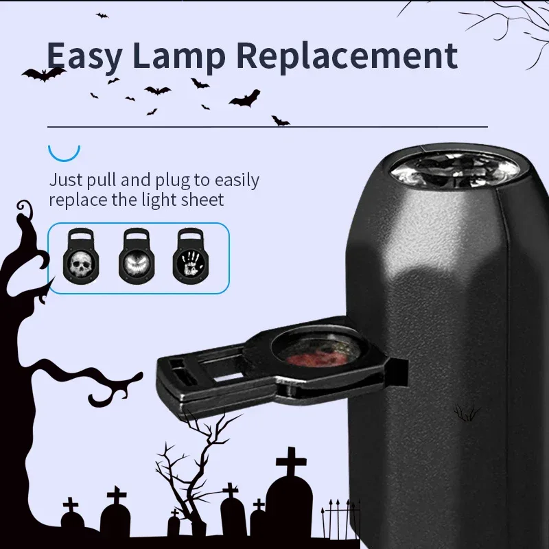 Halloween USB Projector Light Skull NightLight Ghost LED Lamp 360Degree Rotating Switchable Pattern Design Dark & Night Ambiance