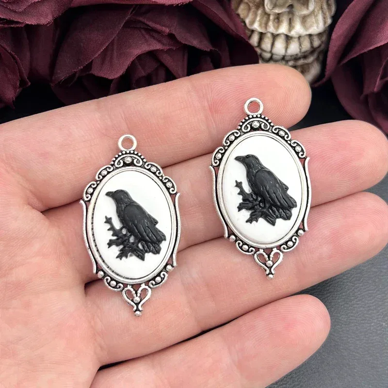 4pcs Gothic Black Crow Silver Plated Framed, Raven Relief Charms Halloween Witch Pendant Fit Jewelry Making DIY Jewelry Finding