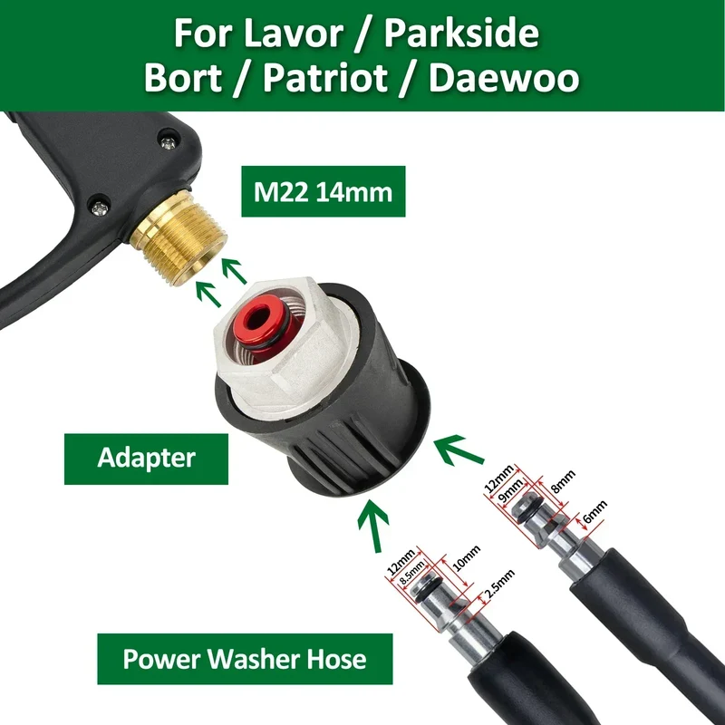 High Pressure Washer Gun & Foam Cannon Kit - 1/4" Quick Connect with M22-14 Adapter for Karcher K/Nilfisk/Bosch Washer
