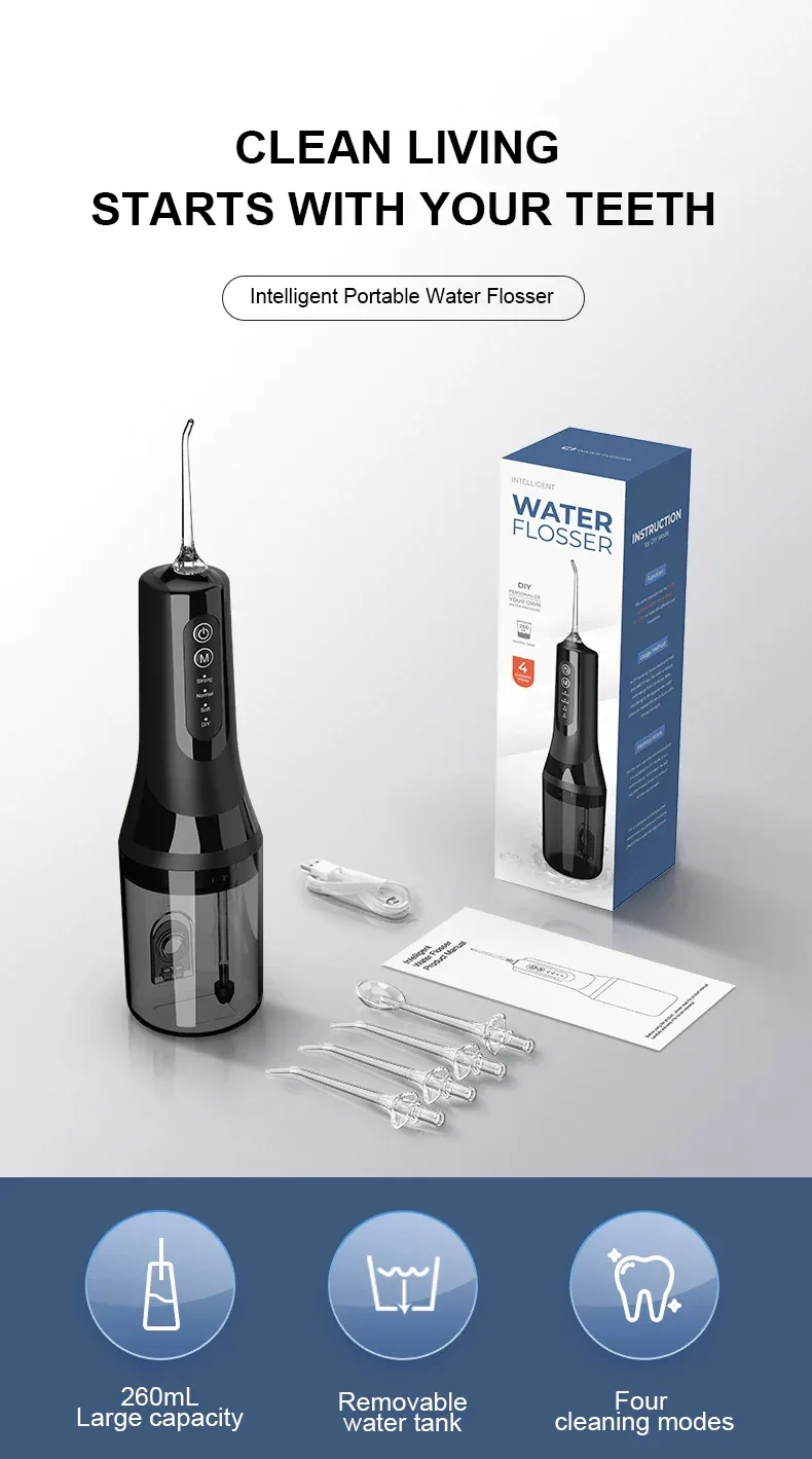 Professional wireless dental floss cleaner, 4 cleaning modes, portable rechargeable electric dental floss oral irrigator