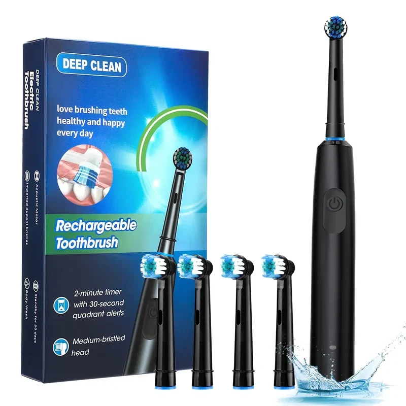 Rotary Electric Toothbrush Rechargeable 5 Modes Sonic Vibration Tooth Brush Adults Rotating Toothbrushes Teeth Cleaner 4 Heads