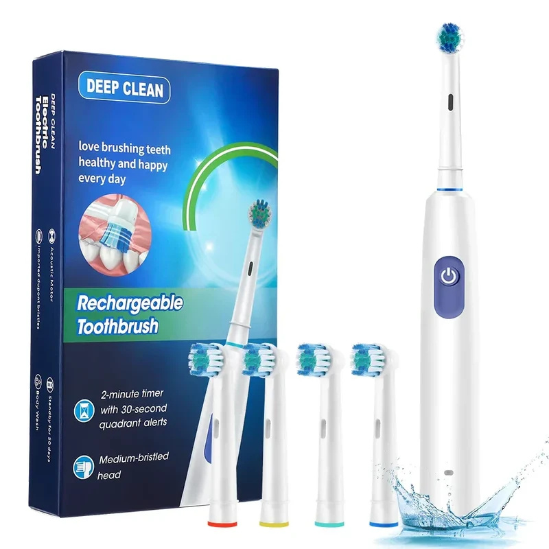 Rotary Electric Toothbrush Rechargeable 5 Modes Sonic Vibration Tooth Brush Adults Rotating Toothbrushes Teeth Cleaner 4 Heads