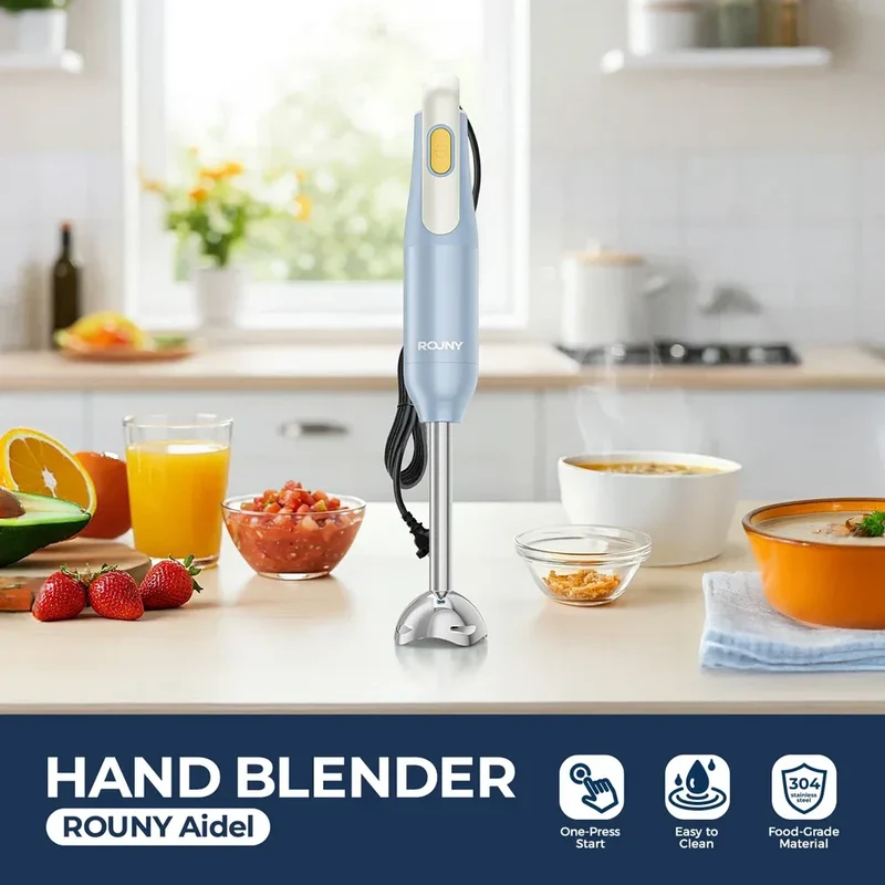 ROUNY Handheld Immersion Blender with Stainless Steel Blades for Kitchen Food Mixing, Light Blue Stick Blender, Classic Basic