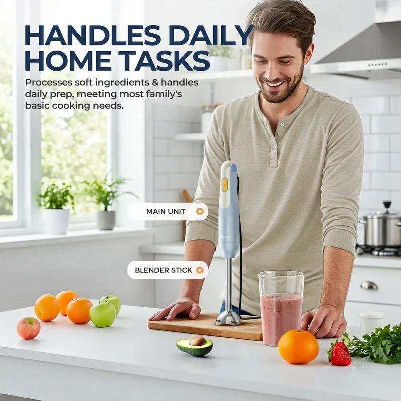 ROUNY Handheld Immersion Blender with Stainless Steel Blades for Kitchen Food Mixing, Light Blue Stick Blender, Classic Basic