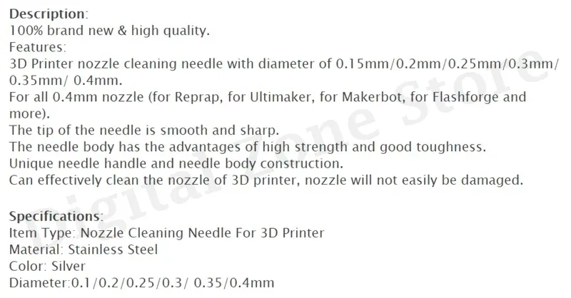 10Pcs Stainless Steel Nozzle Cleaning Needles 0.15mm 0.2mm 0.25mm 0.3mm 0.35mm 0.4mm Drill Bits 3D Printer Parts