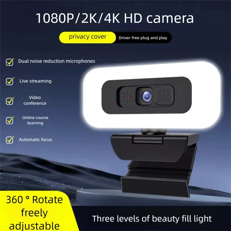 4K Webcam with Light Full HD 2K 1080P Live Streaming Web Cam for PC Laptop Auto Focus Computer Camera with Microphone